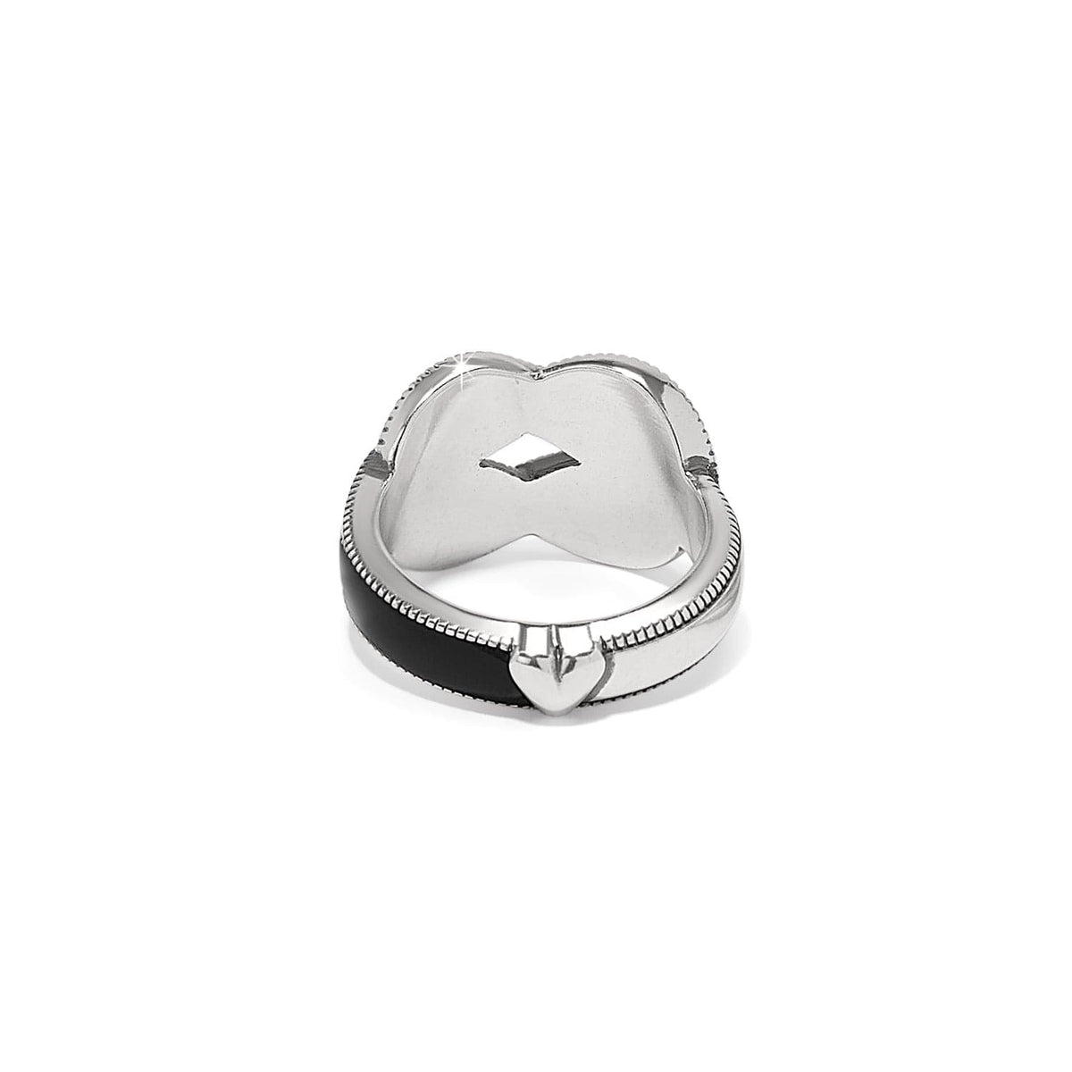Brighton silver-plated ring shown from the back with black enamel band and heart-shaped detail on a white background