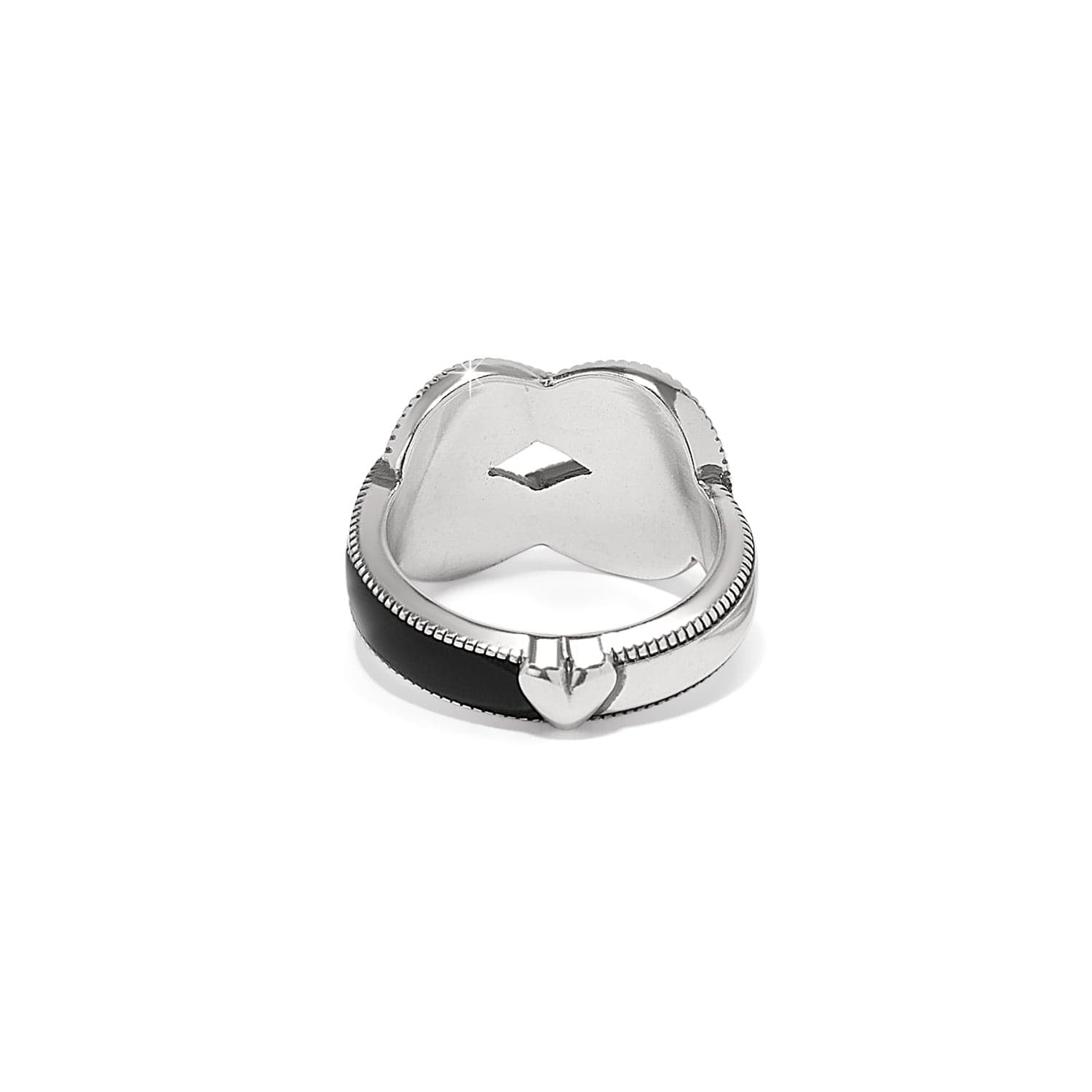 Brighton silver-plated ring shown from the back with black enamel band and heart-shaped detail on a white background