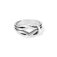 Brighton ring with silver-plated interlocking knot design and polished double-band finish on a white background
