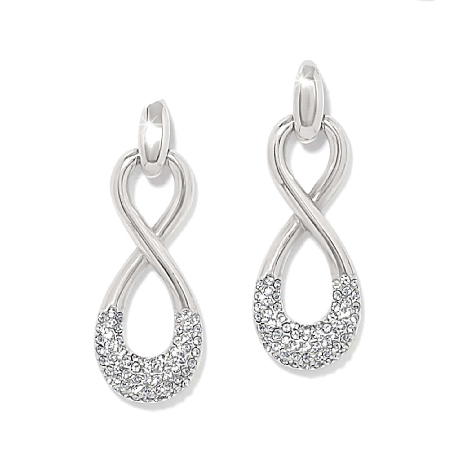 Brighton drop earrings with silver-plated infinity twist design and crystal pavé accents on a white background