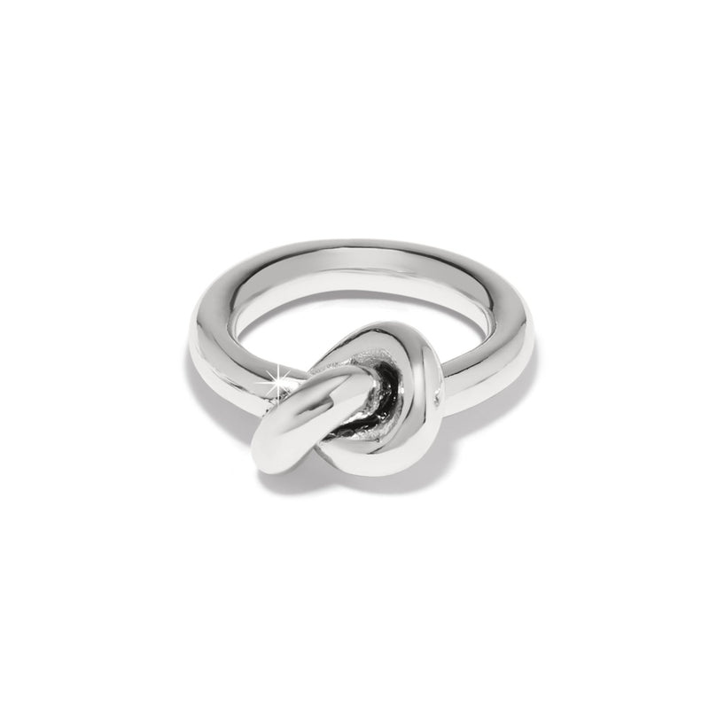 Brighton ring with silver-plated polished knot design at the center of a smooth band on a white background
