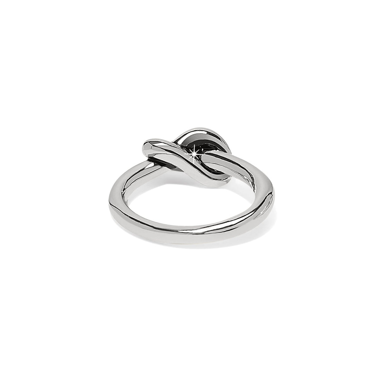 Brighton ring shown from the back with polished silver-tone knot detail and slim band on a white background