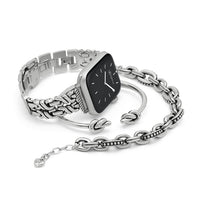 Interlok Twist Watch Band silver-plated braided link band with black square watch face