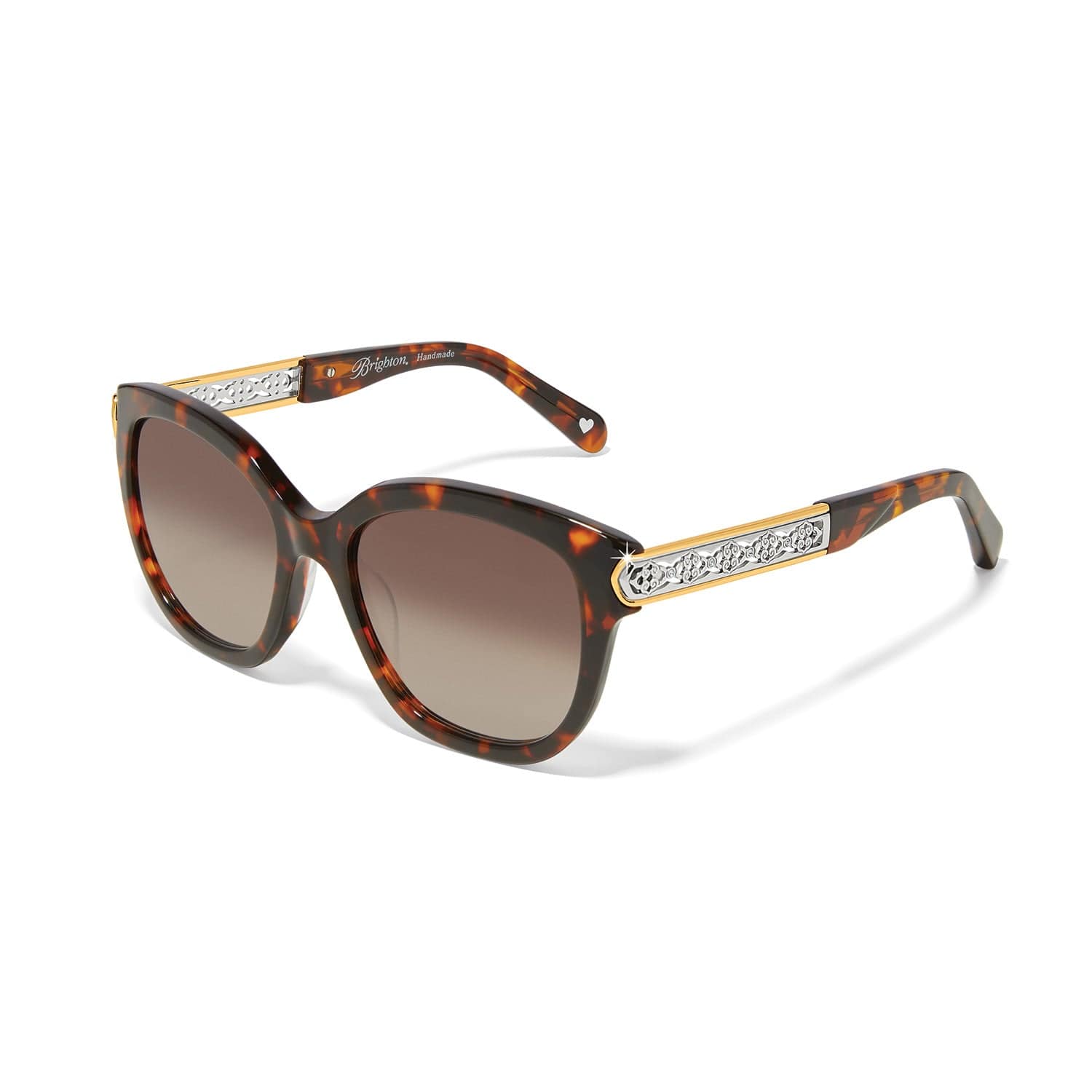 Brighton sunglasses with tortoise frames, brown gradient lenses, and silver and gold scrollwork temple accents