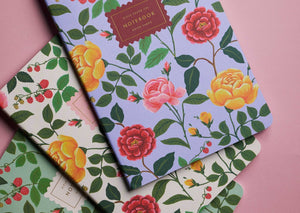 Set of 3 Rose Notebooks, blue, white and green 