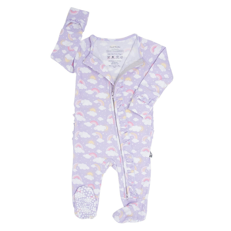 Lavender Rainbows and Clouds Ruffle Baby Footie