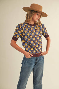 MAEBERRY - FLORAL PATTERN SHORT SLEEVE SWEATER