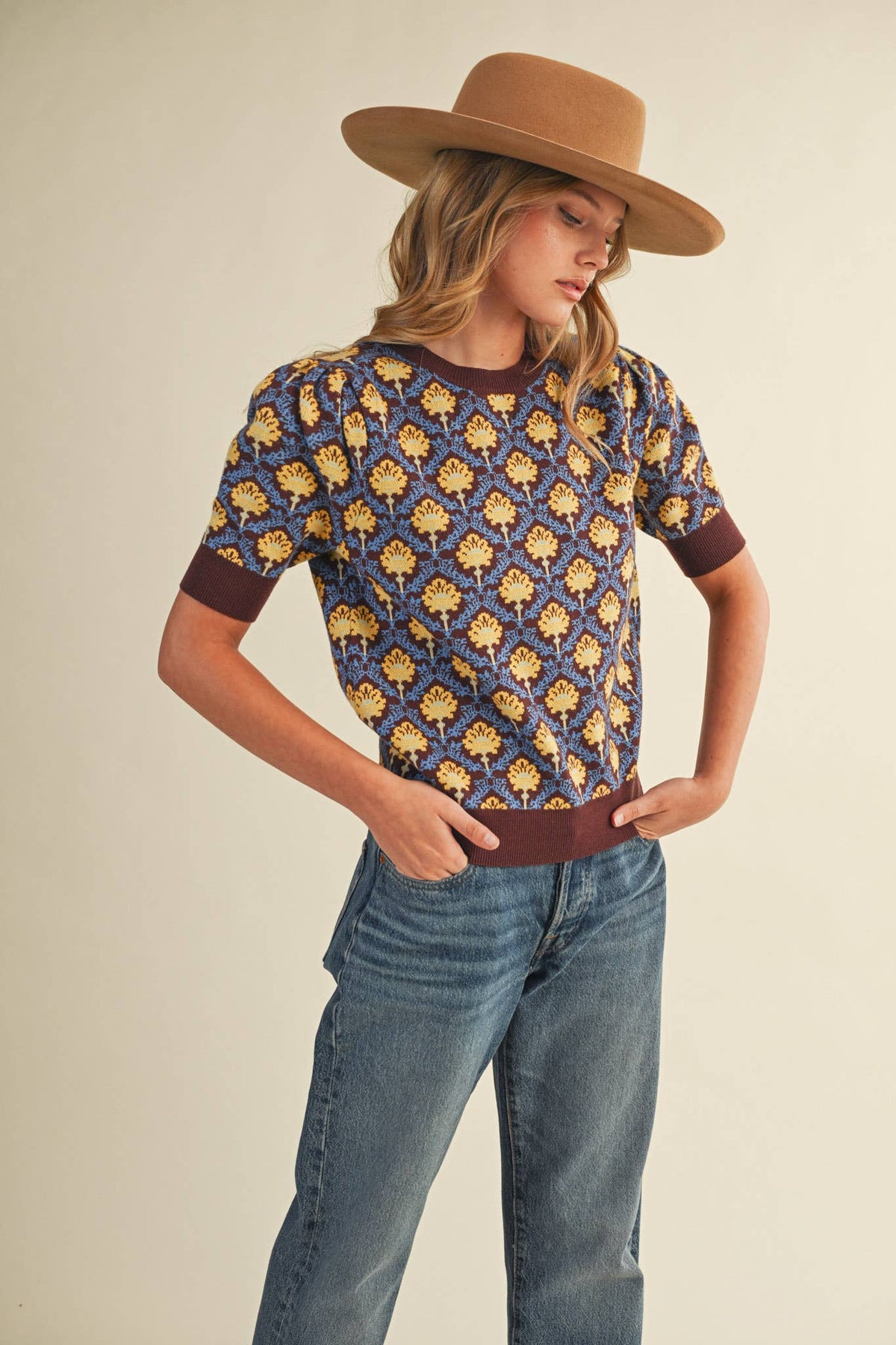 MAEBERRY - FLORAL PATTERN SHORT SLEEVE SWEATER