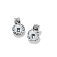 Brighton drop earrings with round faceted crystals and silver-plated pavé crystal accents on a white background