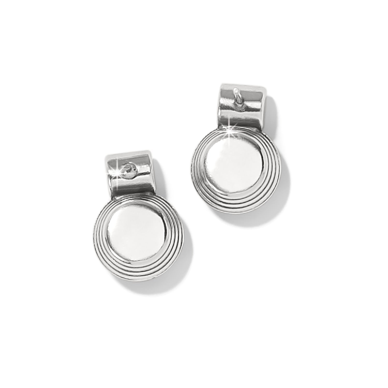 Brighton drop earrings with silver-plated circular pendants and concentric ridged detailing on a white background