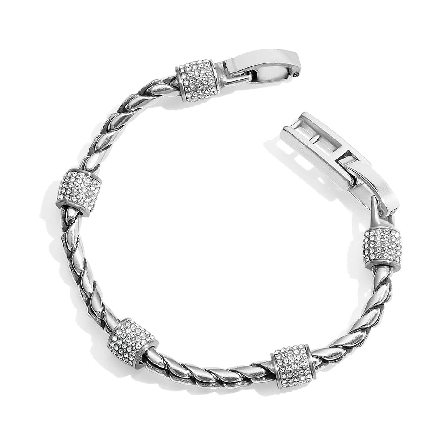 Brighton bracelet with silver-plated twisted rope chain and crystal pave barrel stations with hook clasp