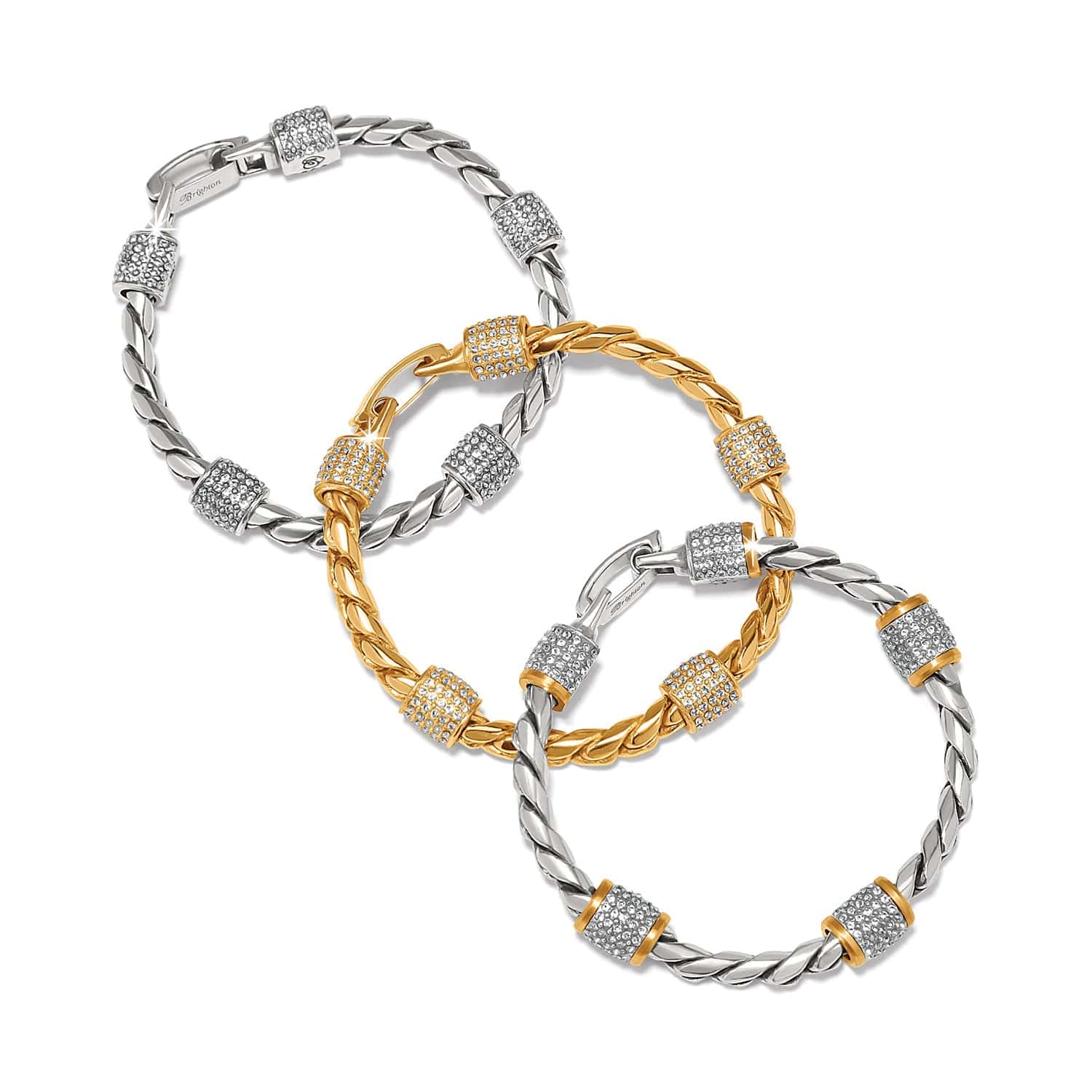 Brighton bracelets in silver-tone twisted rope designs with crystal pave barrel stations