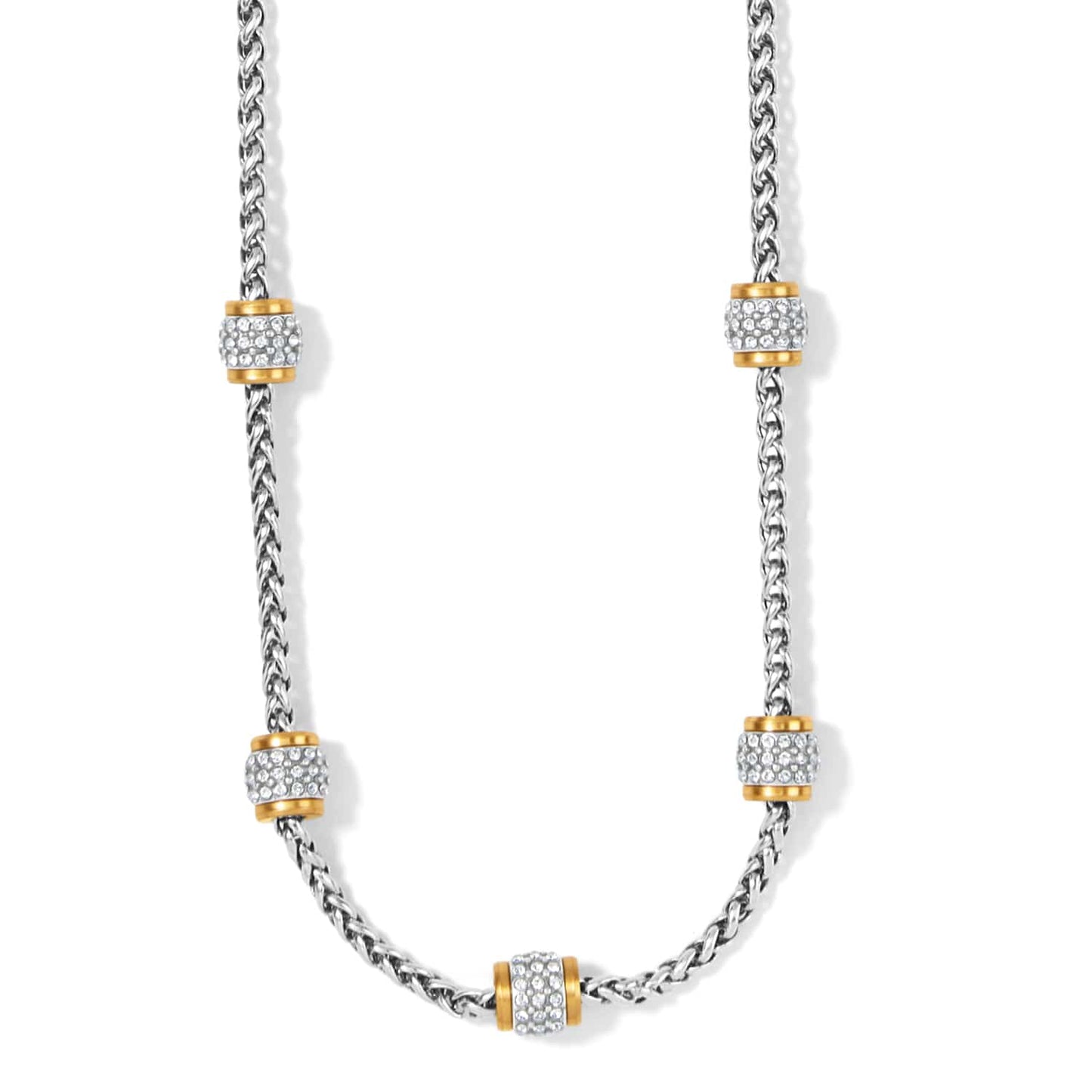 Meridian Petite Short Necklace with silver-plated wheat chain and gold-plated crystal stations