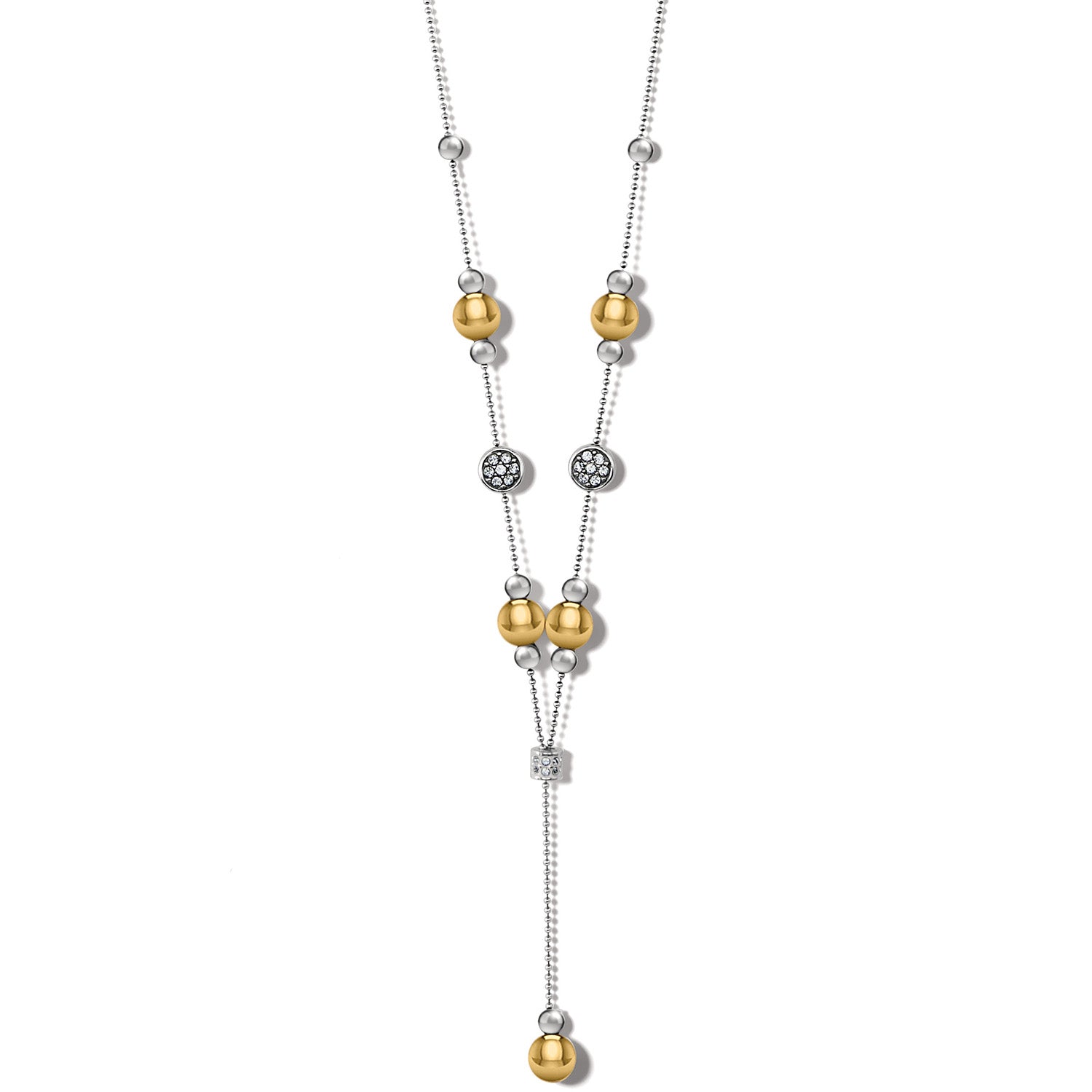 Meridian Prime Y Necklace two-tone silver and gold beads with crystal accents