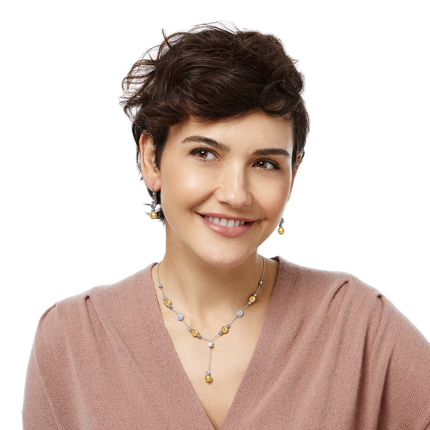 Model wearing Meridian Prime Y Necklace with matching Brighton earrings