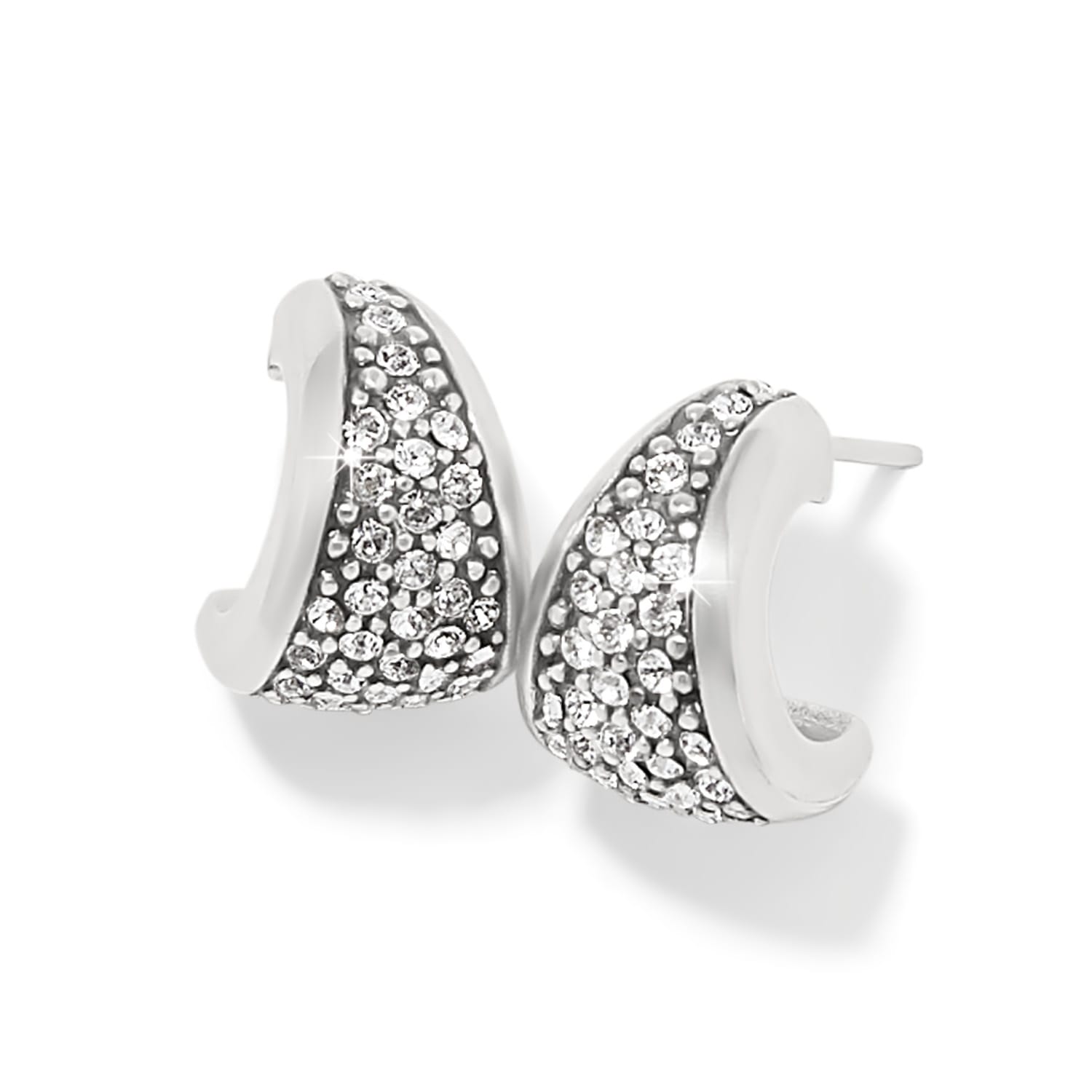 Brighton hoop earrings with silver-plated finish and pavé crystal accents in a tapered curved design on a white background
