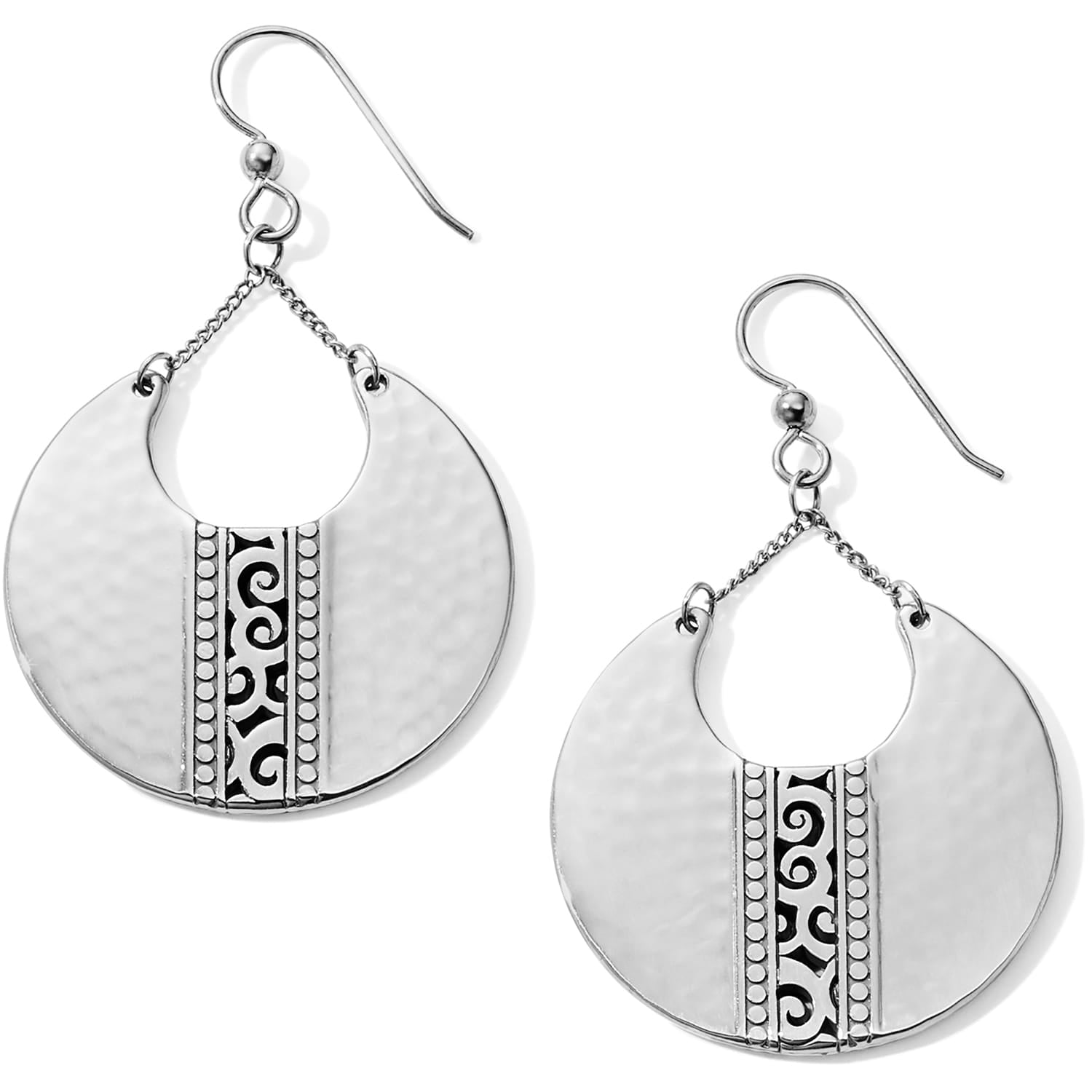 Brighton drop earrings with hammered silver-plated discs and scroll pattern detail on hook wires on a white background