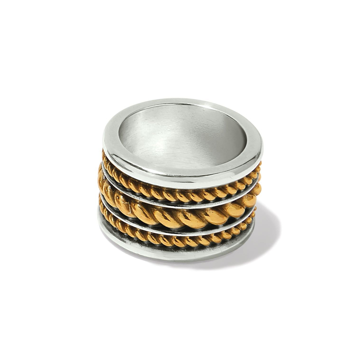 Brighton ring with silver-tone band and three gold-tone twisted rope center detail on a white background