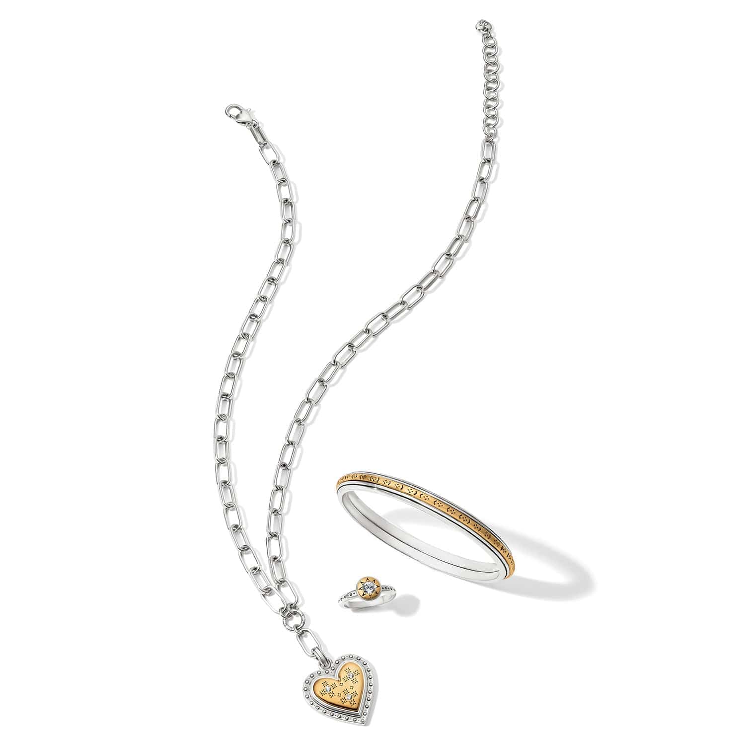 Mosaic Heart Two Tone Necklace styled with coordinating Brighton jewelry