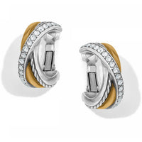 Brighton hoop earrings with two-tone silver and gold bands accented by crystal pavé row on a white background