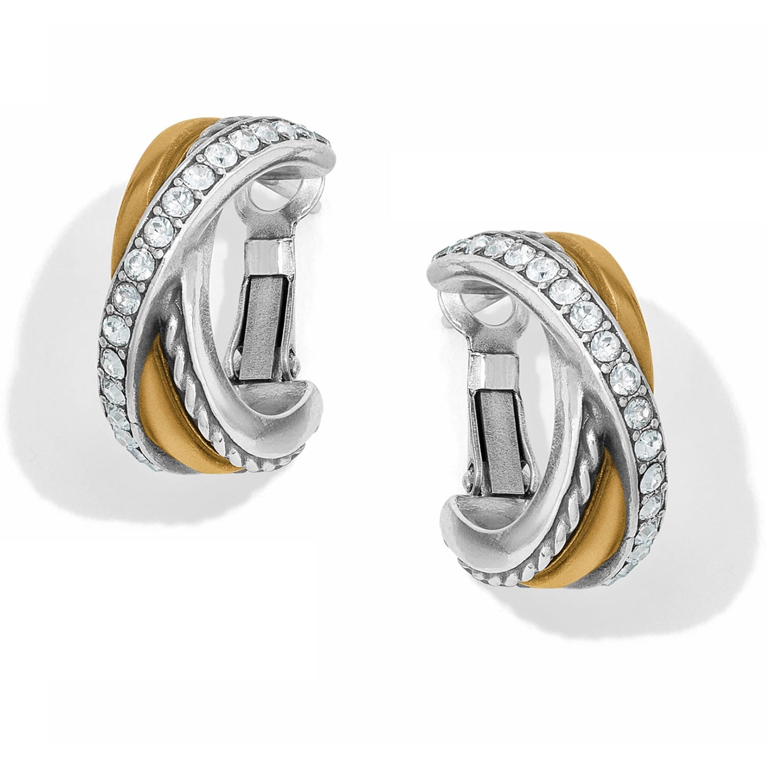 Brighton hoop earrings with two-tone silver and gold bands accented by crystal pavé row on a white background
