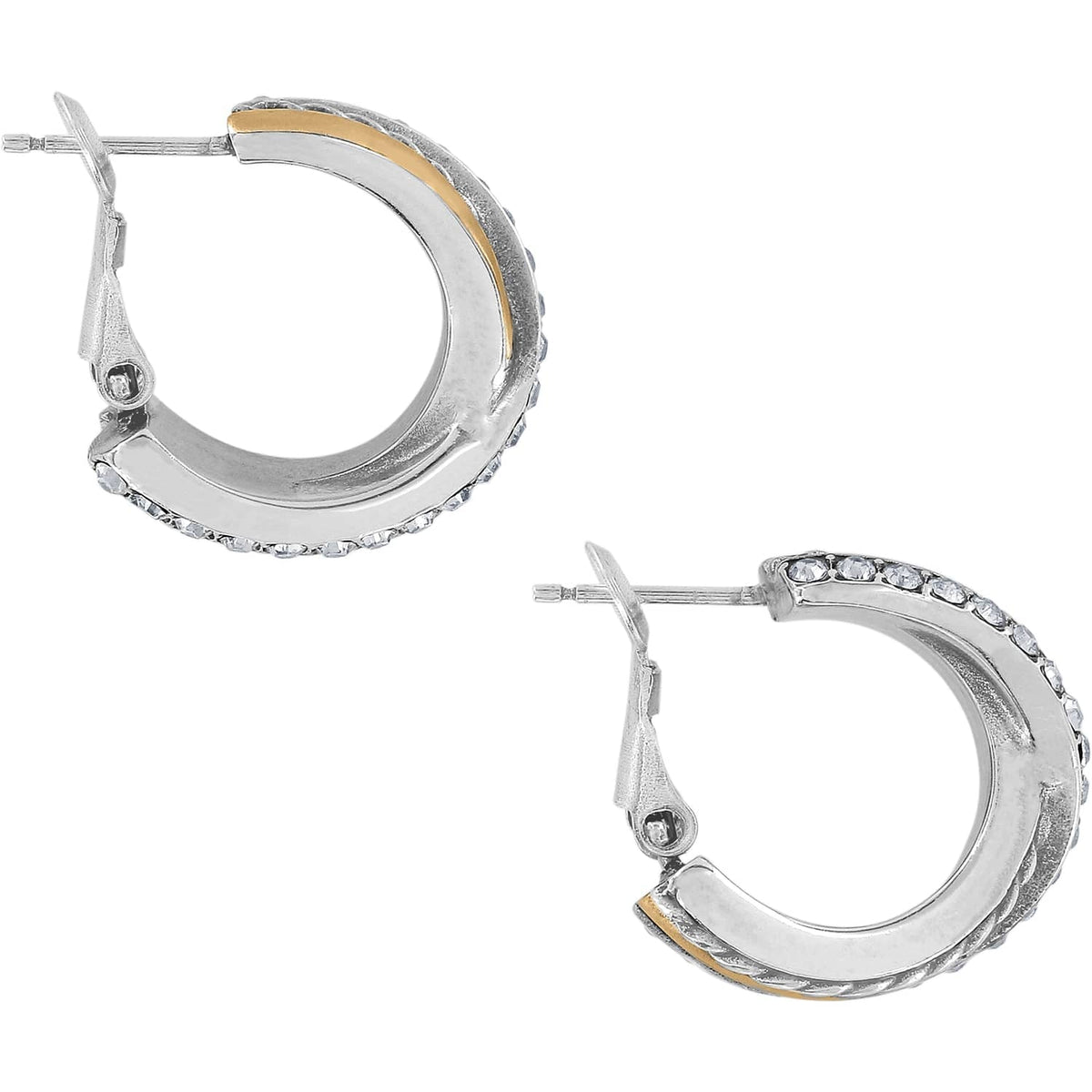 Brighton hoop earrings with two-tone finish and crystal-lined edges shown from side angles on a white background