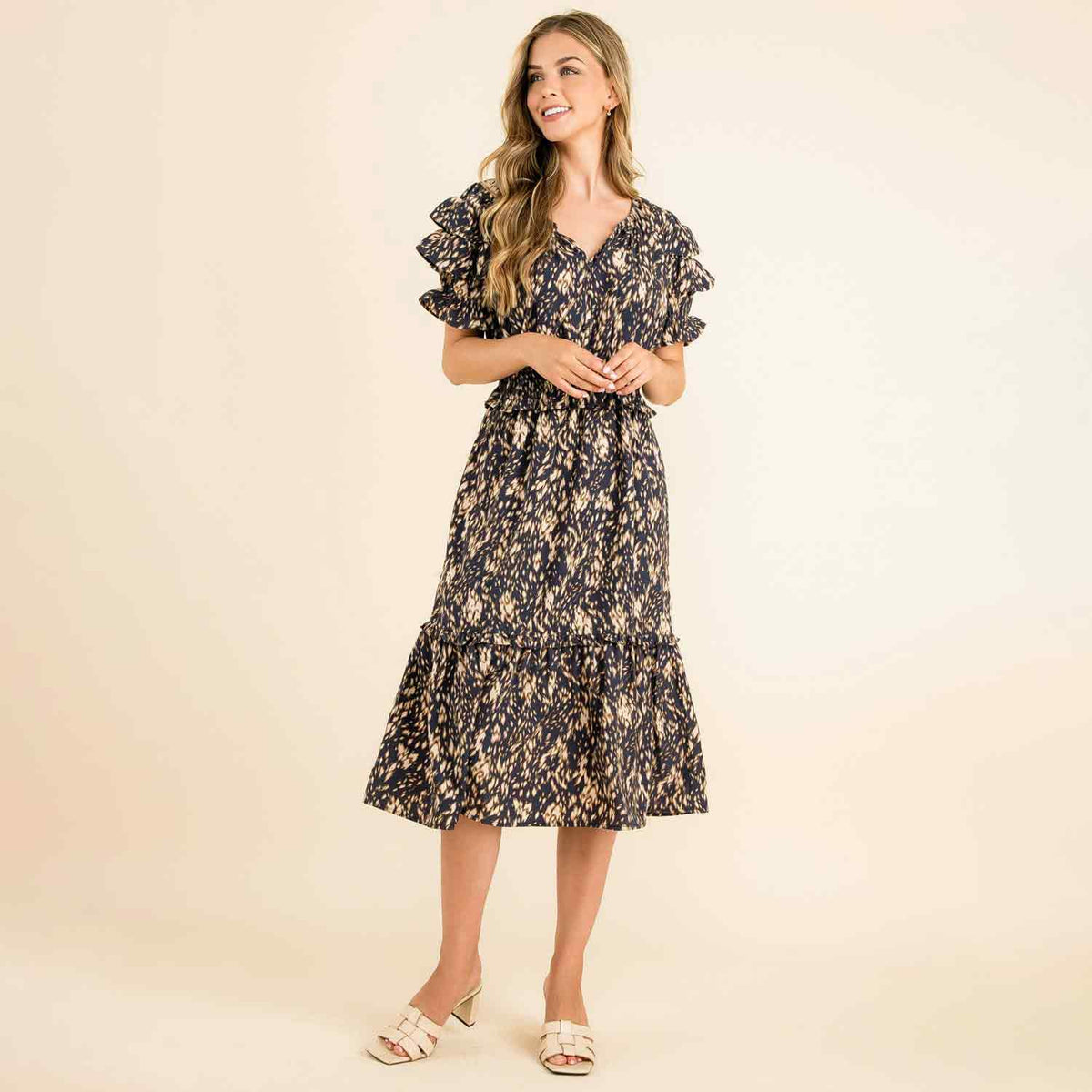 Olivia - Ruffle Tiered Print Midi Dress