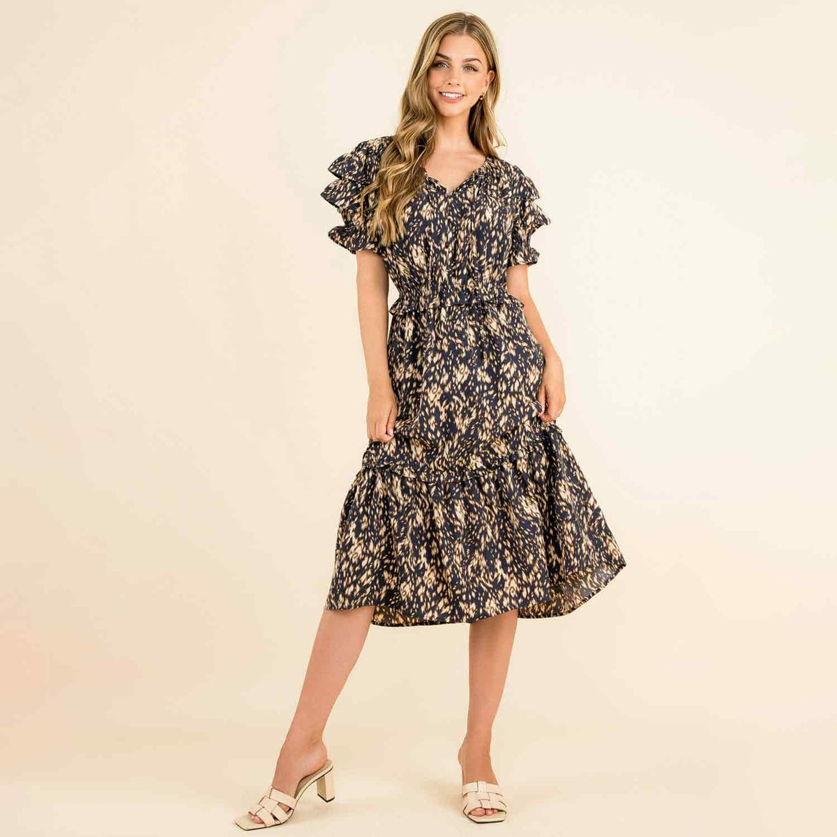 Olivia - Ruffle Tiered Print Midi Dress