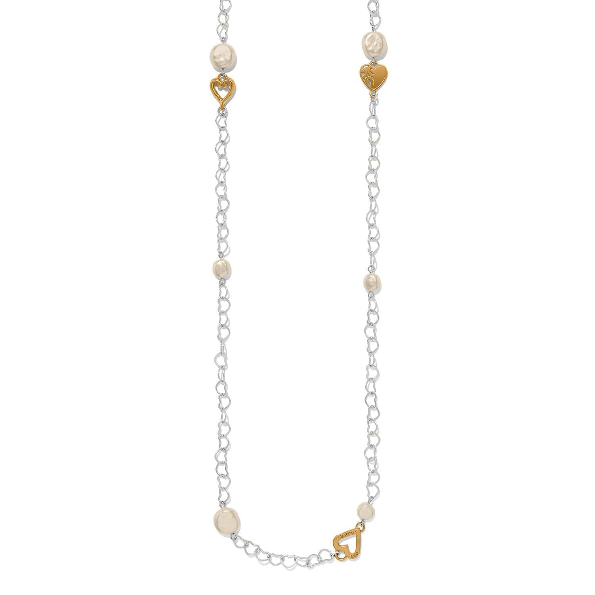 One Heart Pearl Long Necklace in Silver-Gold, front view