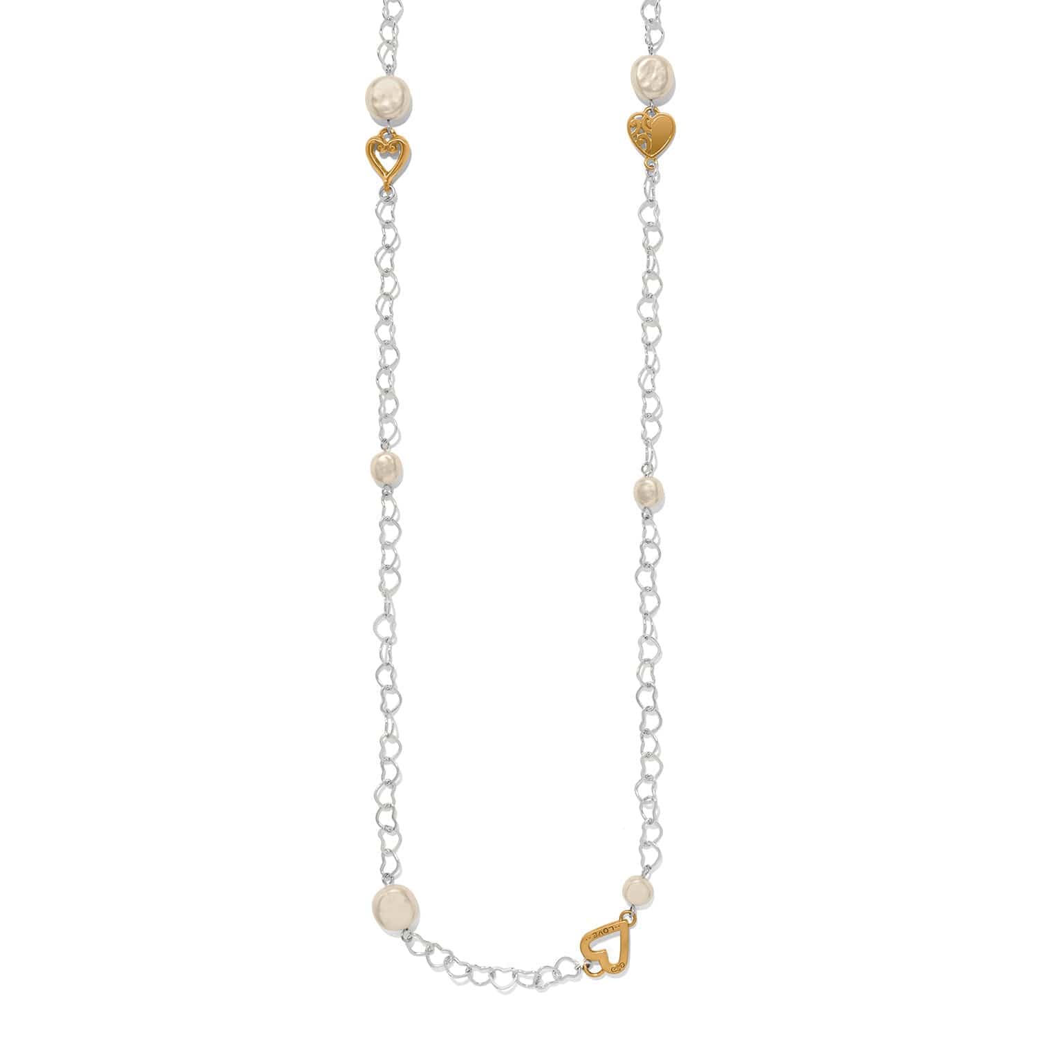 One Heart Pearl Long Necklace in Silver-Gold, front view