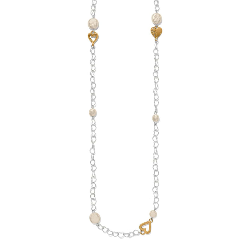 One Heart Pearl Long Necklace in Silver-Gold, front view