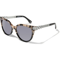 Brighton cat-eye sunglasses with tortoiseshell frames, silver-tone medallion temple accents, and grey tinted lenses