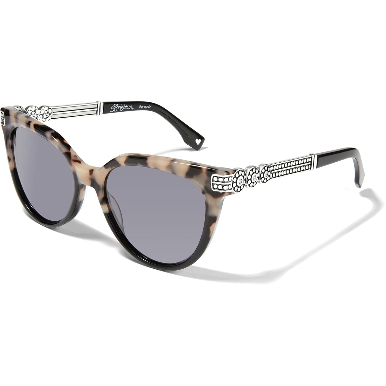 Brighton cat-eye sunglasses with tortoiseshell frames, silver-tone medallion temple accents, and grey tinted lenses