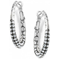 Brighton hoop earrings with silver-tone scale texture and pavé crystal accents along the inner edge on a white background