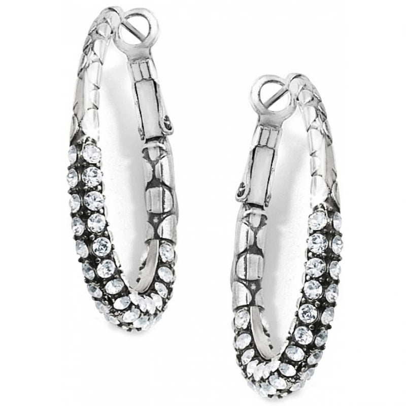 Brighton hoop earrings with silver-tone scale texture and pavé crystal accents along the inner edge on a white background
