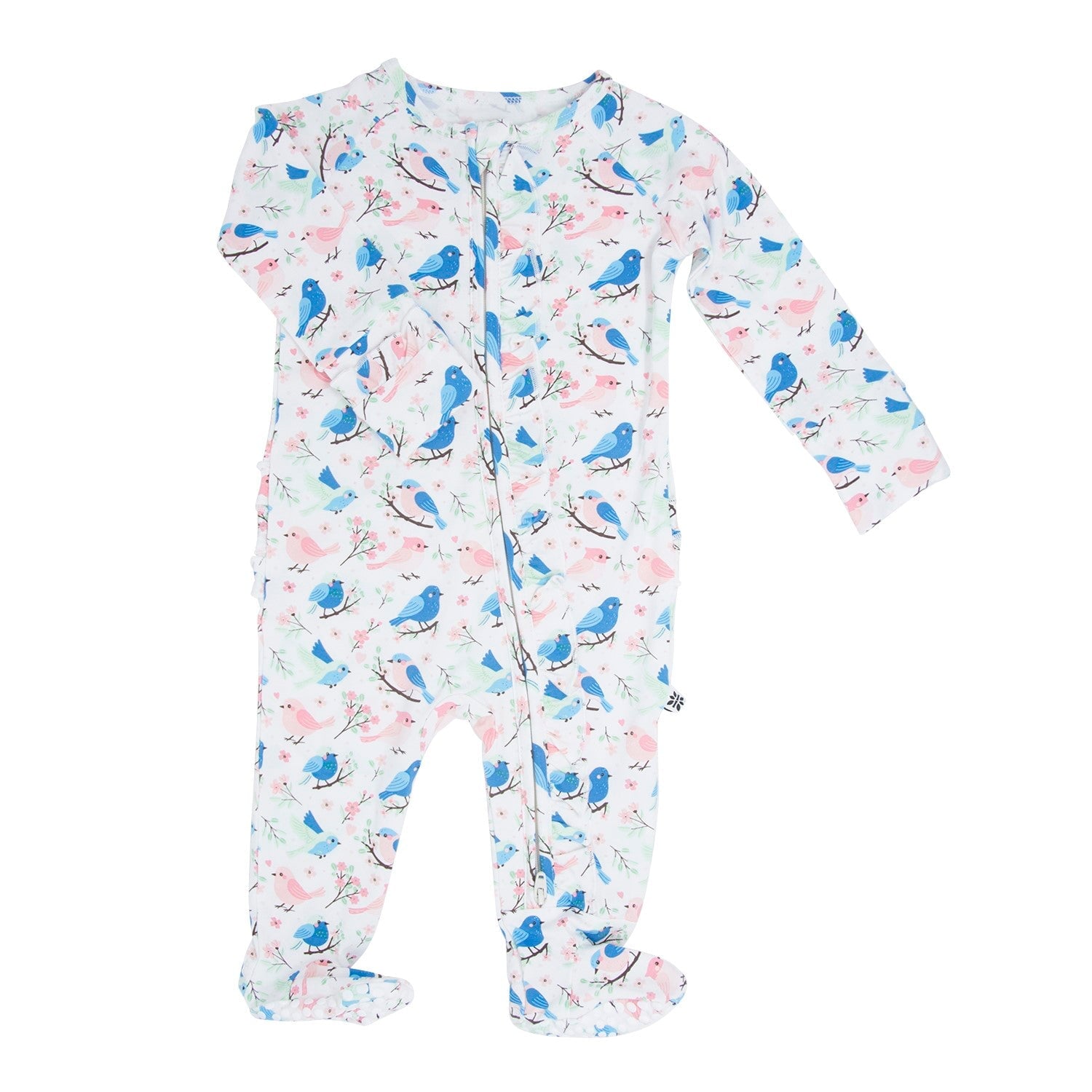 Pink and Blue Songbirds Ruffle Baby Footie