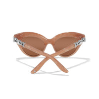 Brighton cat-eye sunglasses shown from the back with marbled blush frames and silver-tone temple accents
