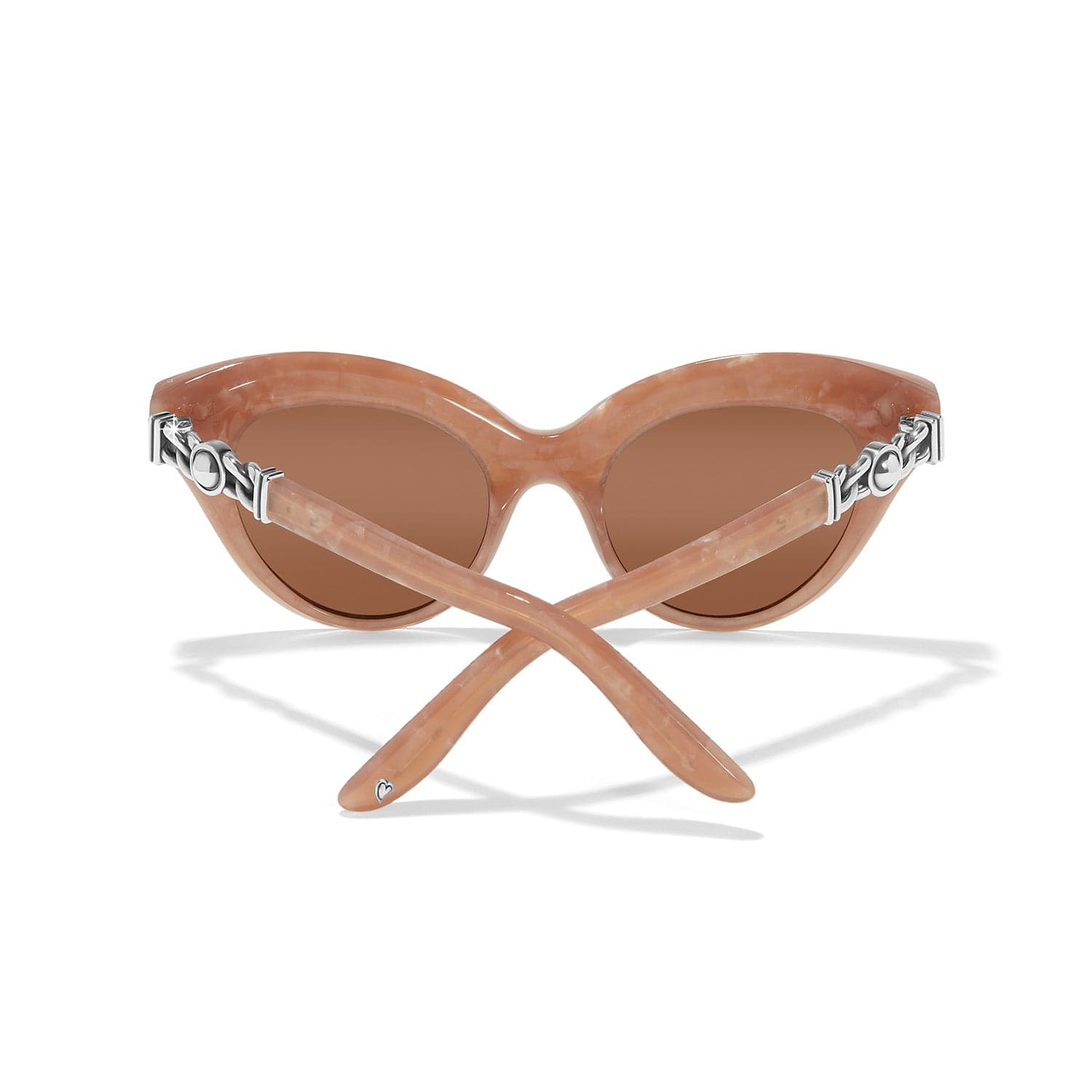Brighton cat-eye sunglasses shown from the back with marbled blush frames and silver-tone temple accents