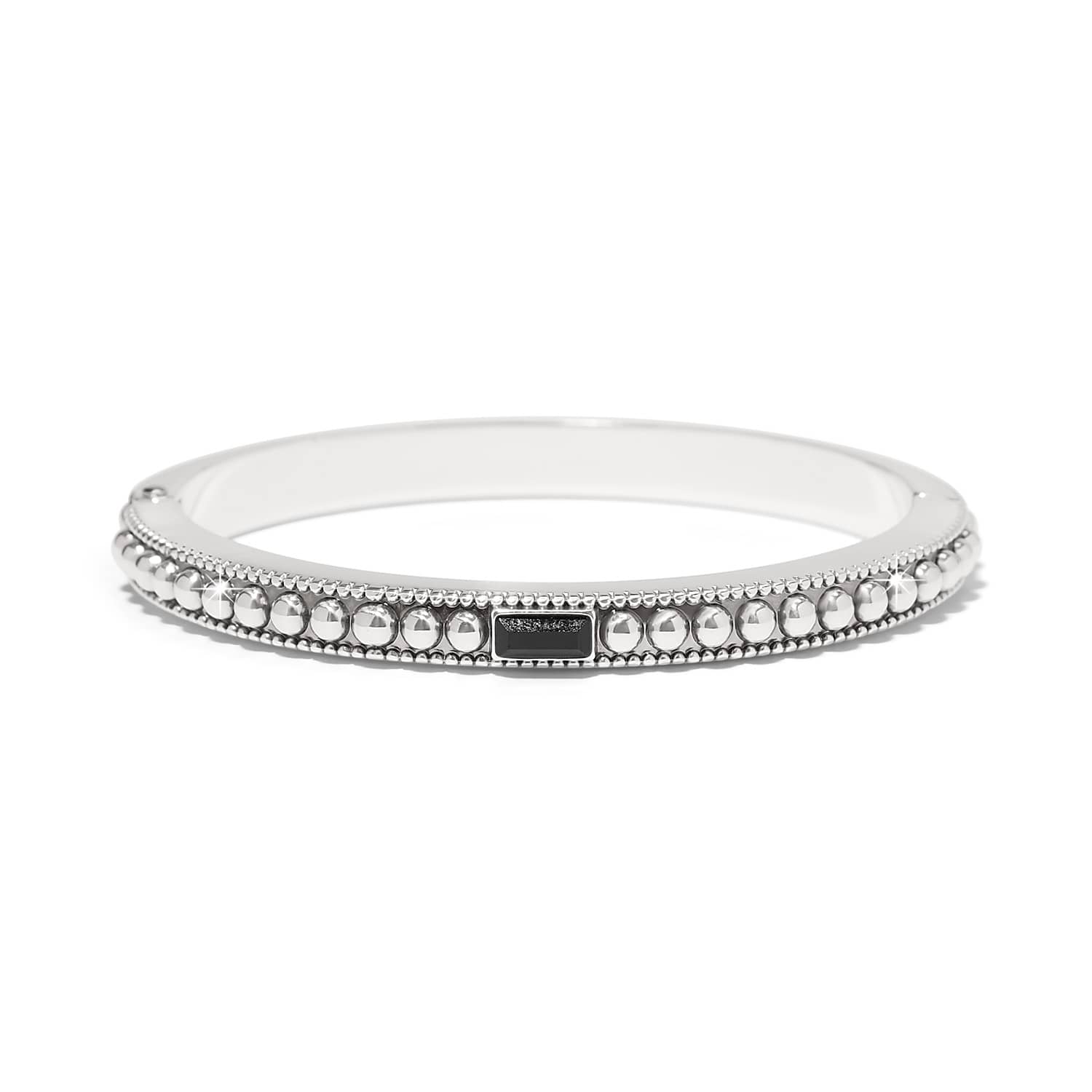 Brighton bangle bracelet with silver-plated beaded edges and small black crystal baguette accent on a white background