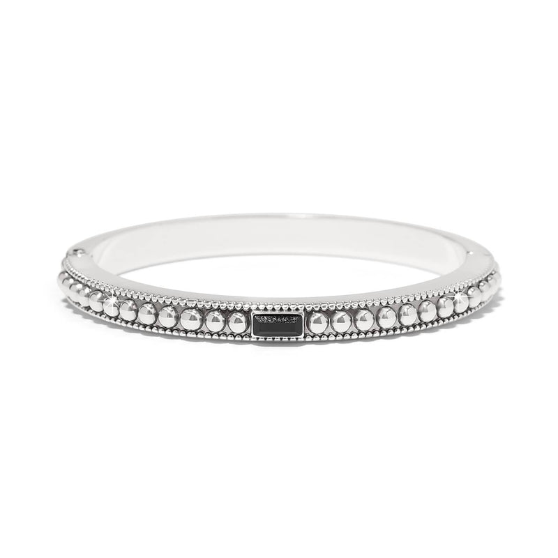 Brighton bangle bracelet with silver-plated beaded edges and small black crystal baguette accent on a white background