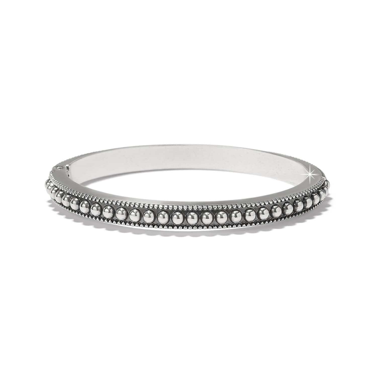Brighton silver-plated bangle bracelet with row of polished beads and milgrain edge detailing on a white background