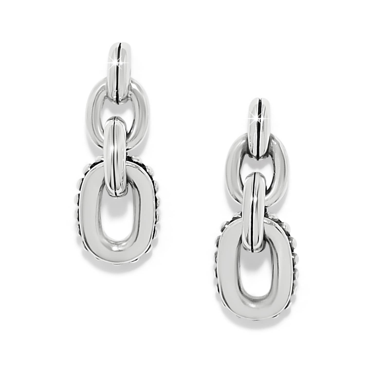 Brighton drop earrings with silver-plated chain links and beaded edge detail on a white background