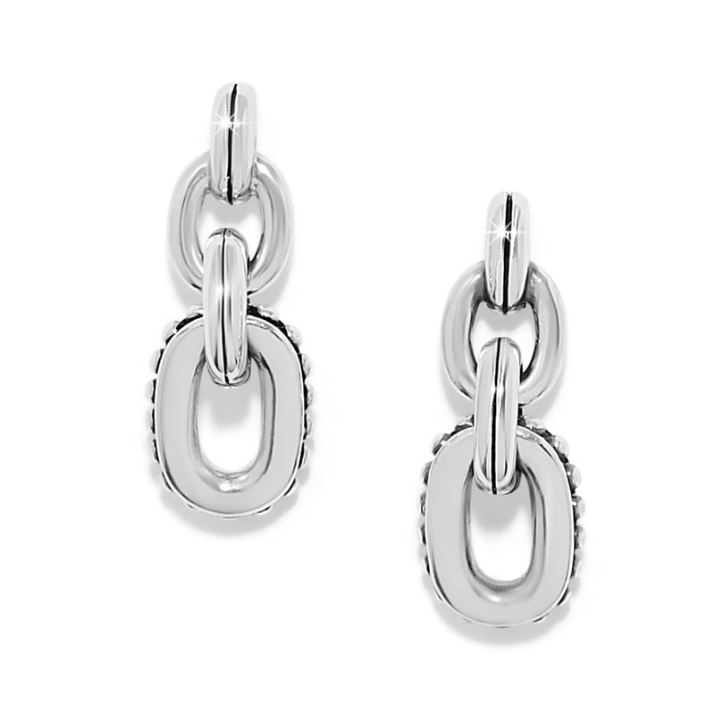 Brighton drop earrings with silver-plated chain links and beaded edge detail on a white background
