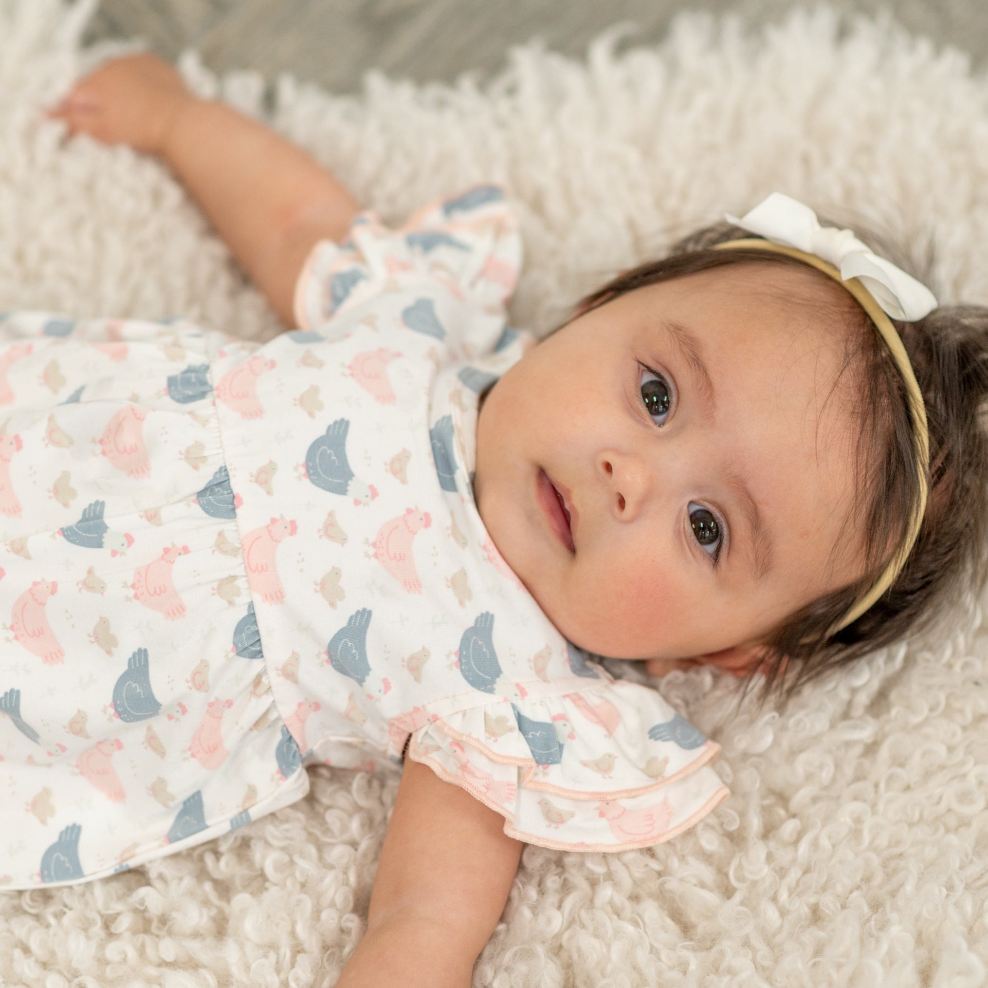 Pink Farm Hens Bamboo Ruffle Romper