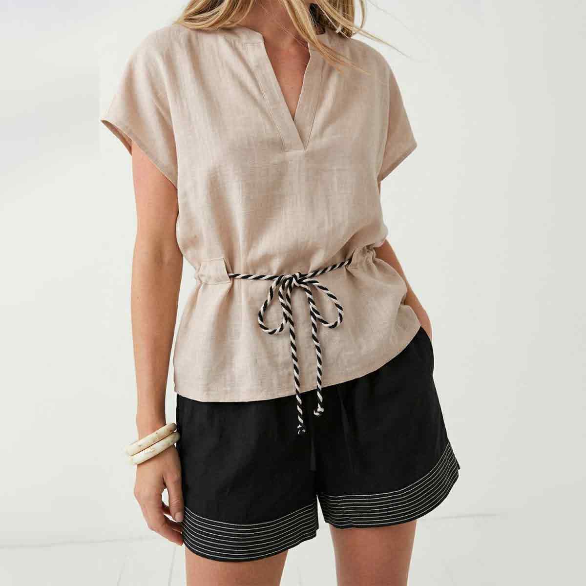 Sabrina - Biege Linen Rope Tie Waist Blouse