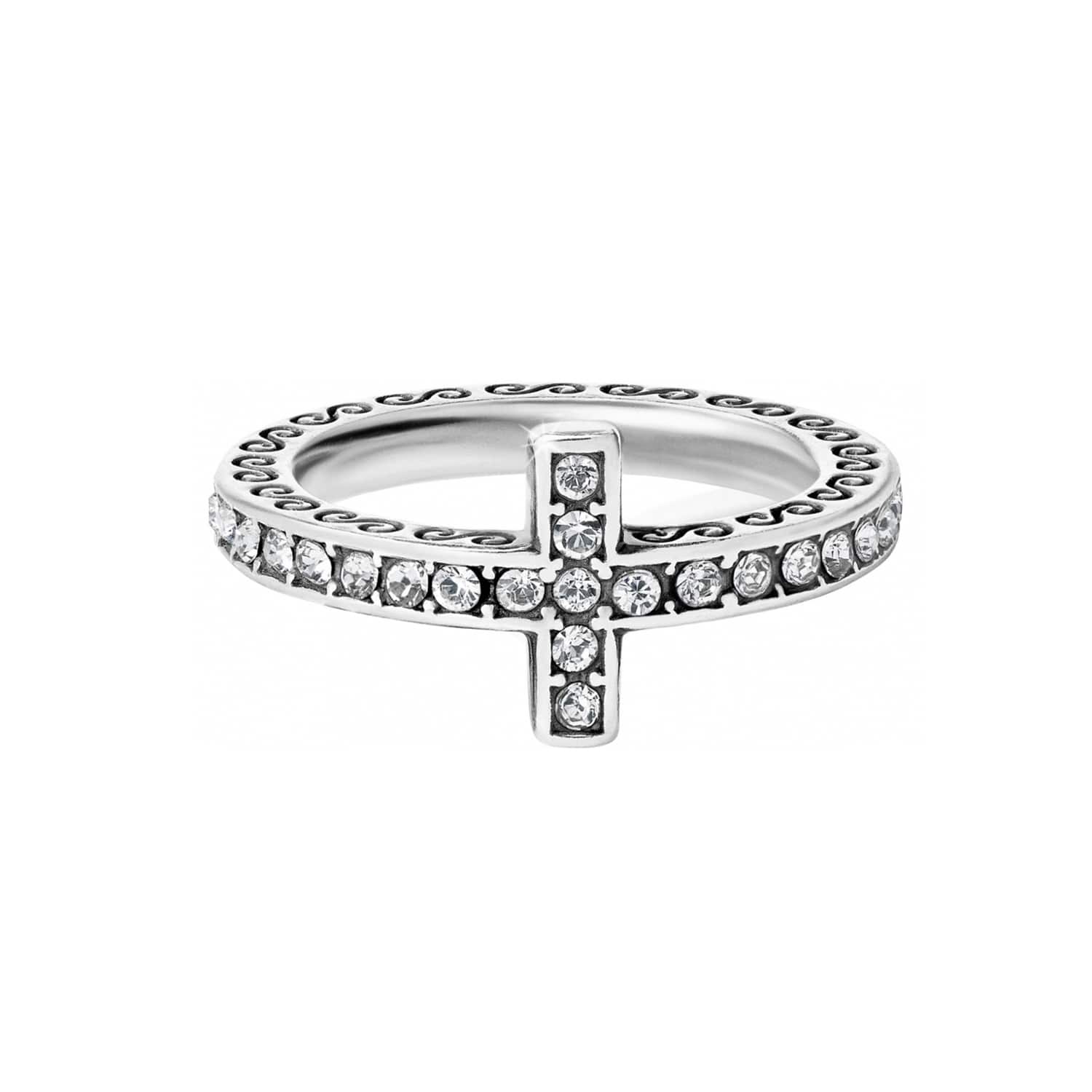 Brighton ring with silver-plated cross motif, crystal pave band, and scrollwork detailing
