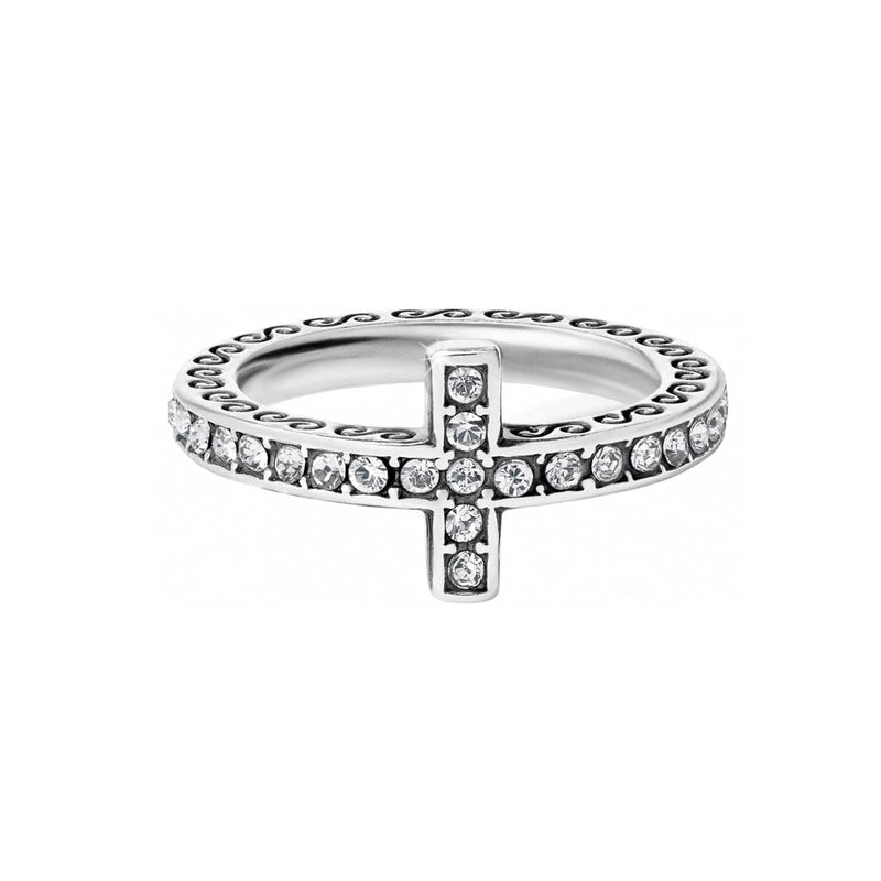 Brighton ring with silver-plated cross motif, crystal pave band, and scrollwork detailing