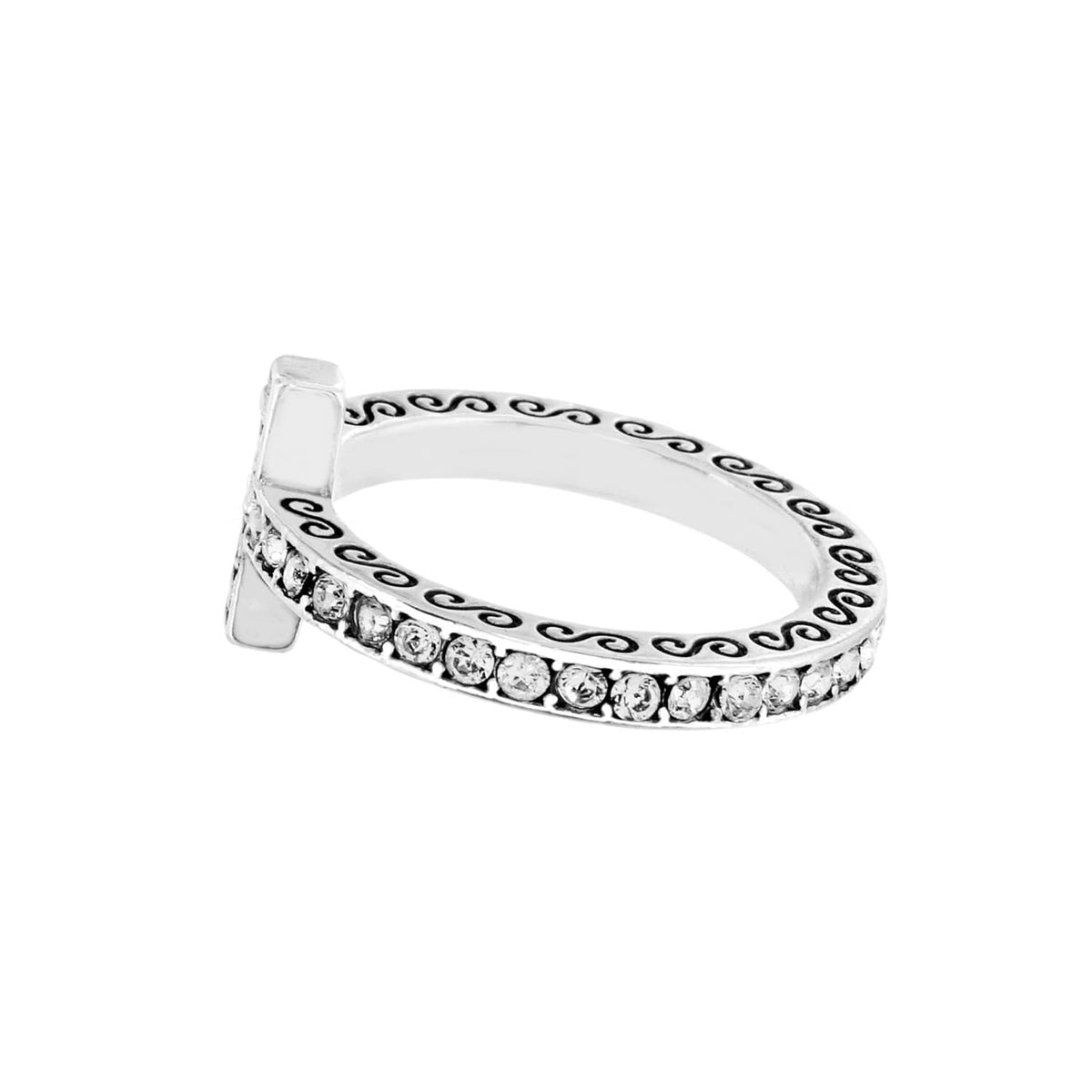 Brighton ring shown from the side with silver-plated scroll detailing and a row of crystal accents