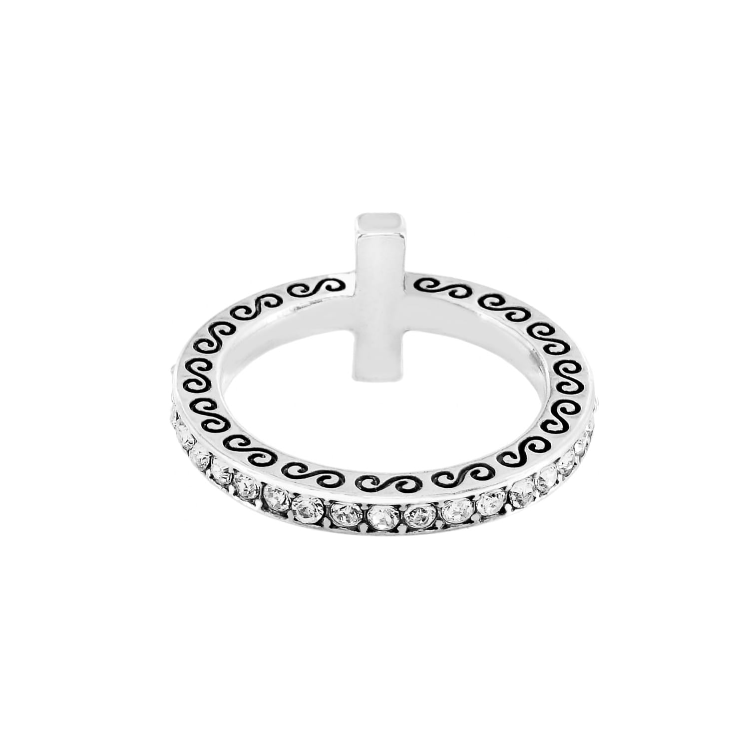 Brighton silver-plated ring shown from above with crystal-lined band, scroll engraving, and cross detail