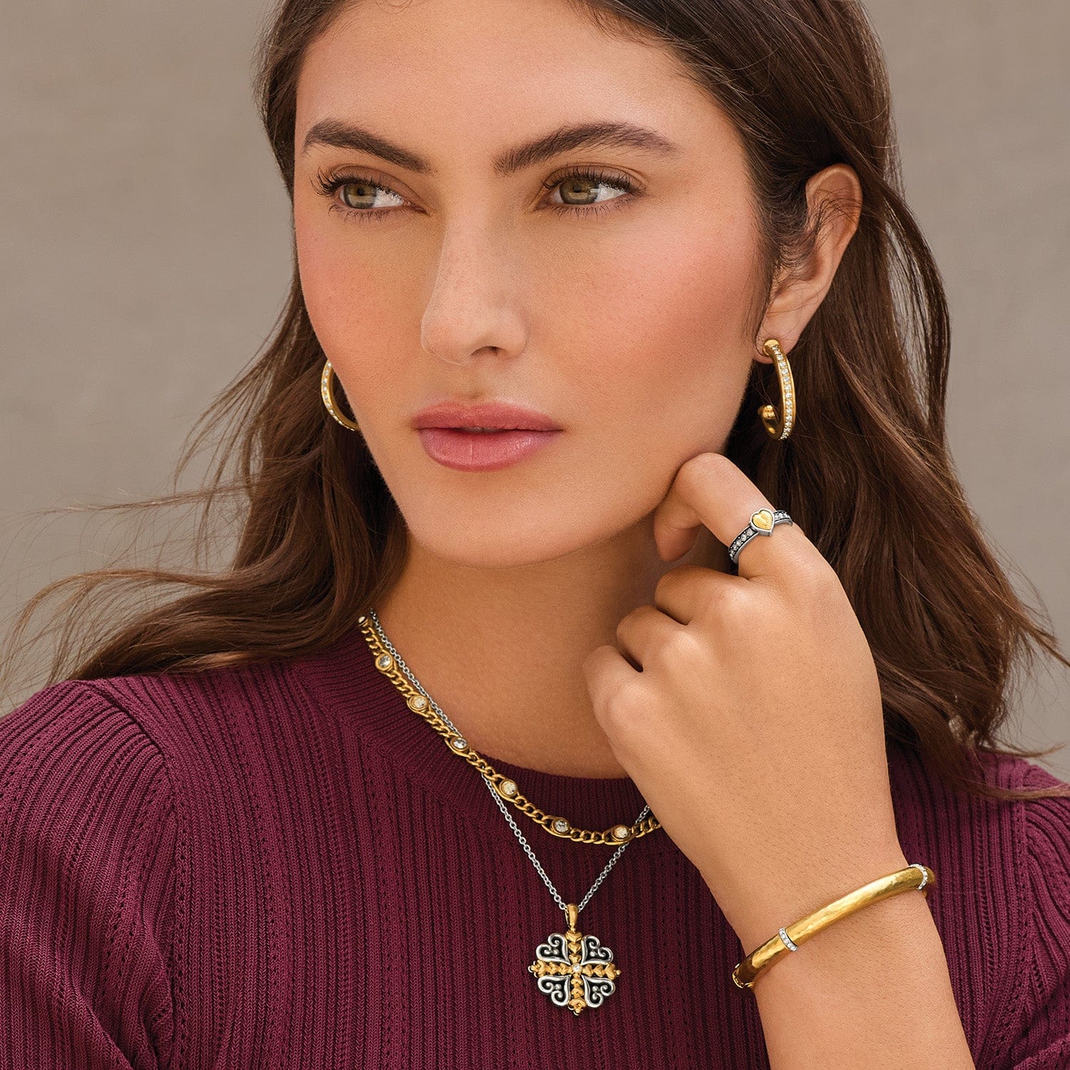 Model wearing Trust Life Necklace with coordinating Brighton jewelry